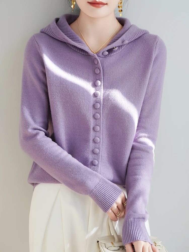 恣意温柔的单品~女士七针三股加厚羊毛包扣连帽开衫