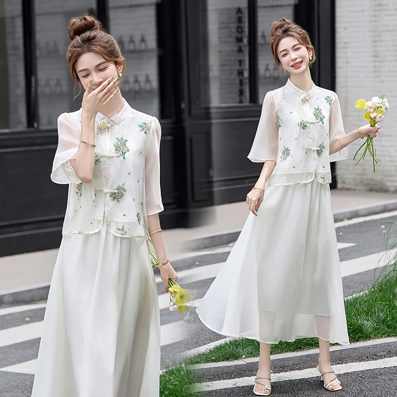 新中式国风刺绣提花套装裙女2025年夏季新款复古盘扣半身裙两件套