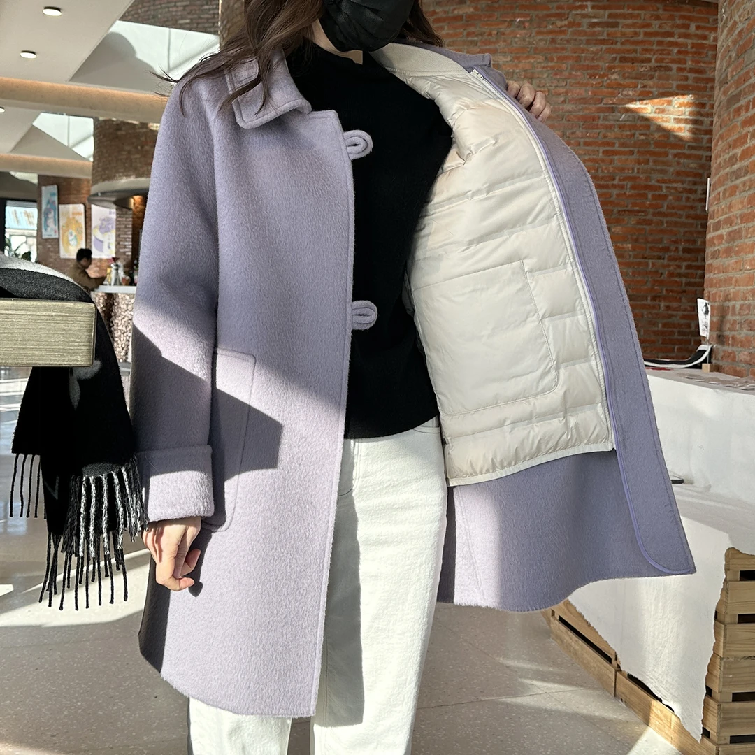 N637--冬季气质百搭风女士可拆卸内胆鹅绒大衣加厚羊毛双面呢外套