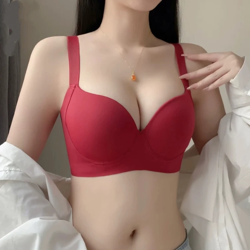 调整型本命年内衣女薄款大码光面文胸无痕聚拢大胸胸罩收副乳红色