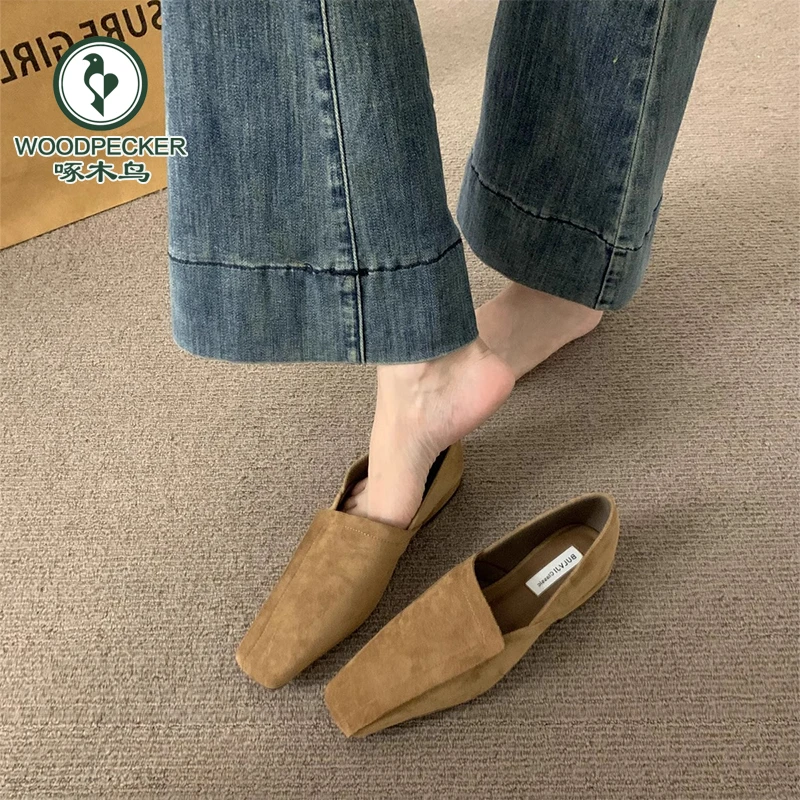 啄木鸟复古绒面方头深口平底单鞋2025春秋新款简约乐福通勤小皮鞋