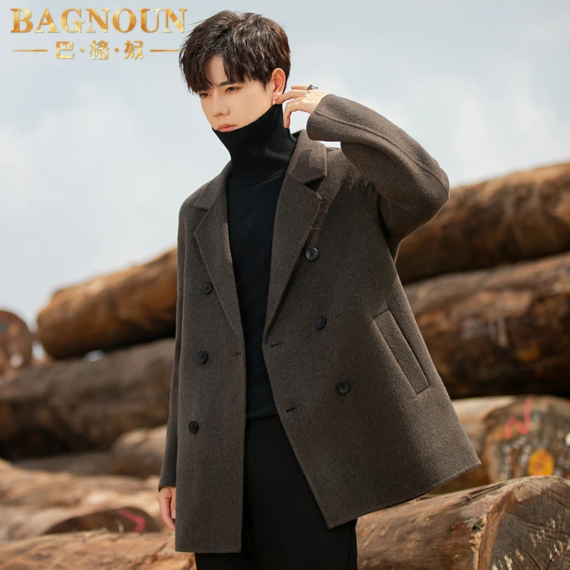 巴格奴纯羊毛毛呢大衣男士冬季新款时尚高端双面呢休闲双排扣外套