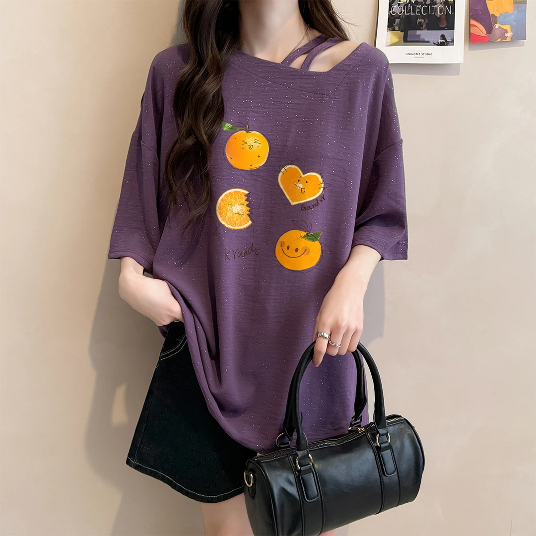 2025夏季亮闪闪斜领短袖T恤女宽松时尚百搭大码趣味印花小众上衣