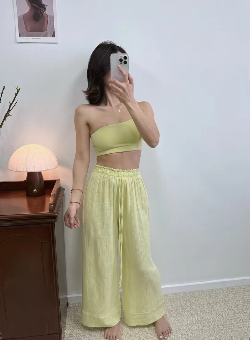 [套装]薄款宽松夏季婴儿机理棉上衣外穿美背休闲阔腿裤显瘦时尚