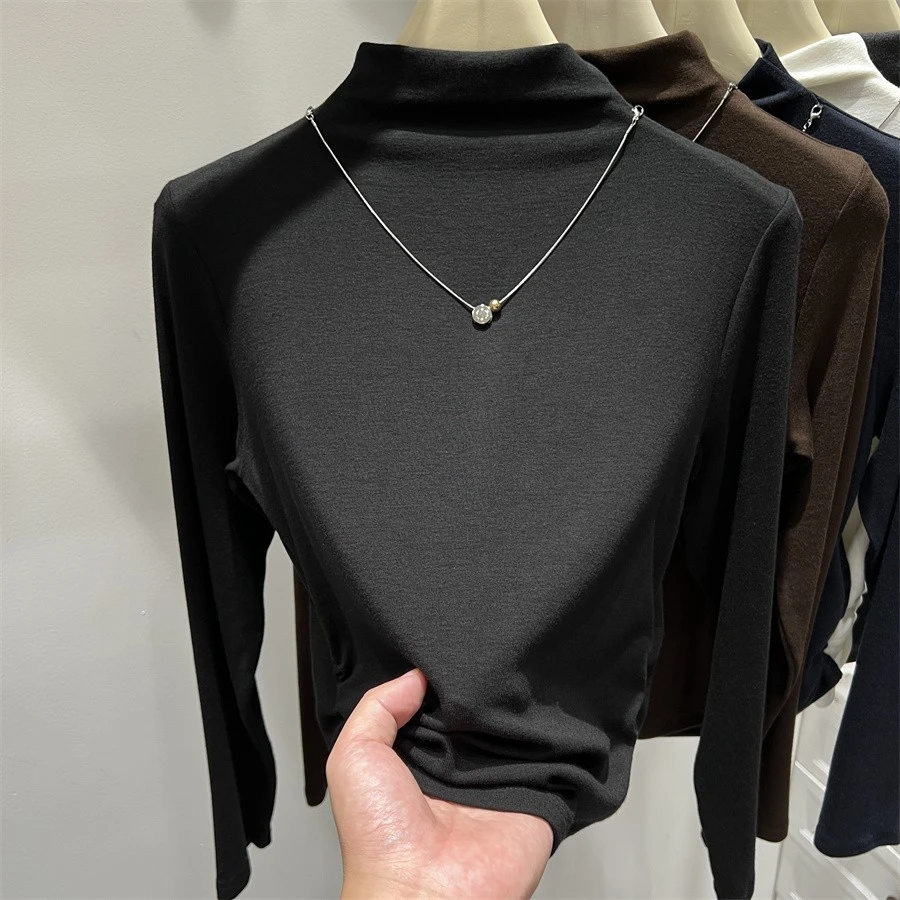 气质半高领项链褶皱收腰长袖T恤女2025秋冬新款内搭打底衫上衣潮