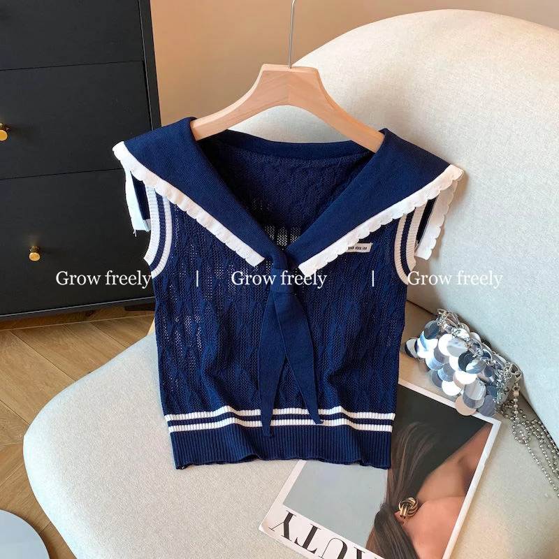Grow freely 学院风撞色针织背心女夏季新款洋气减龄海军领短上衣