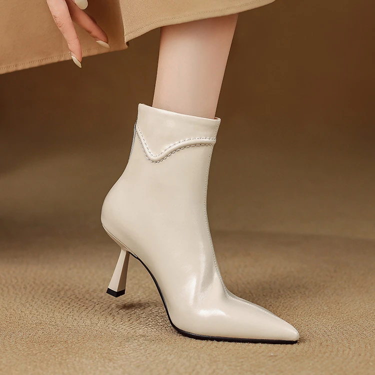 里外真皮～羊皮7CM秋冬韩版细跟时装靴短筒女尖头高跟短靴显瘦气质