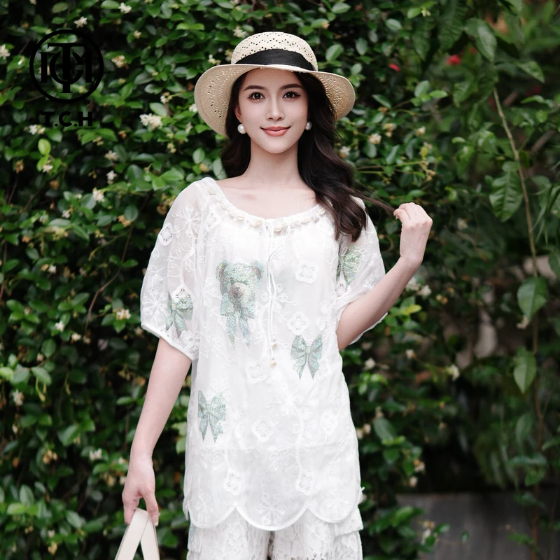 TCH私服烫钻工艺时尚休闲百搭蝴蝶结套装女（含吊带）T75B07E5001