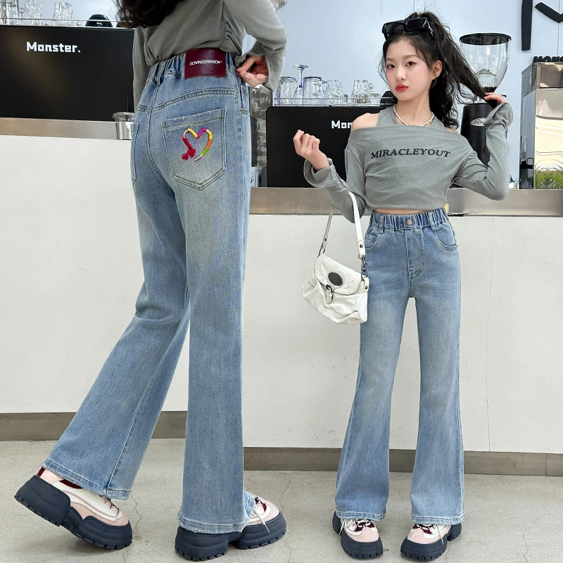 女童微喇叭牛仔裤春秋2025新款洋气大童裤子修身显瘦女孩春装长裤