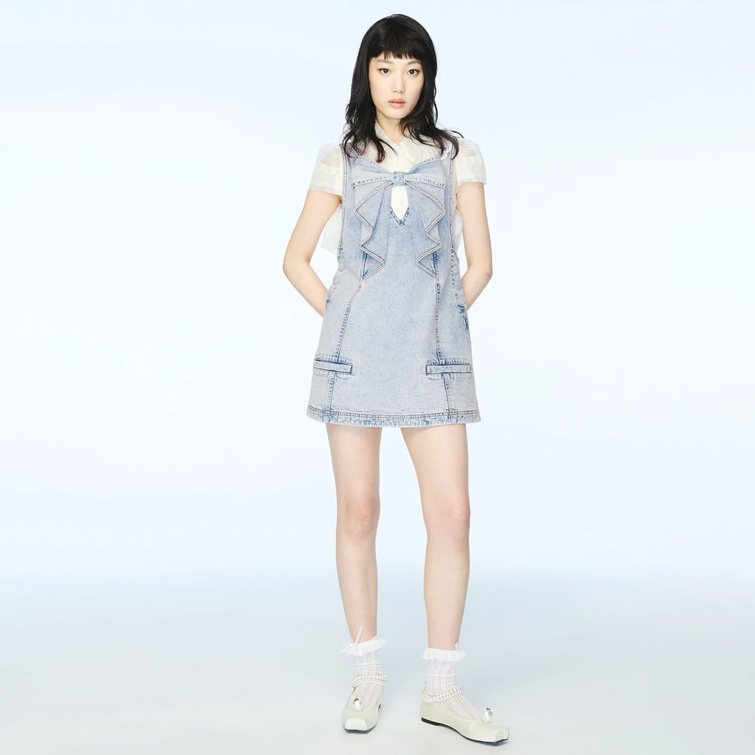 lefame拉飞姆2025秋季新款时尚气质修身百搭蝴蝶结牛仔连衣裙