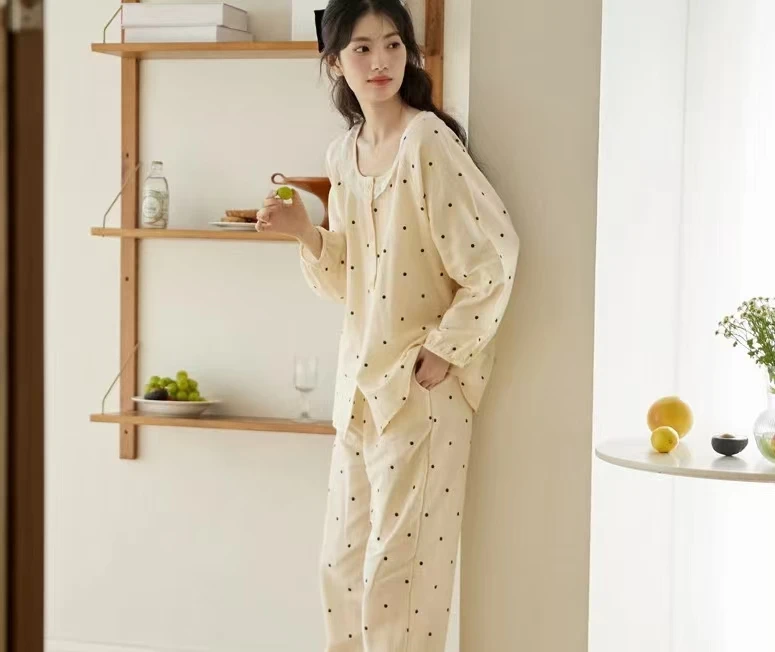 春秋季新款蕾丝花边长袖波点圆领开衫可外穿女款家居服睡衣