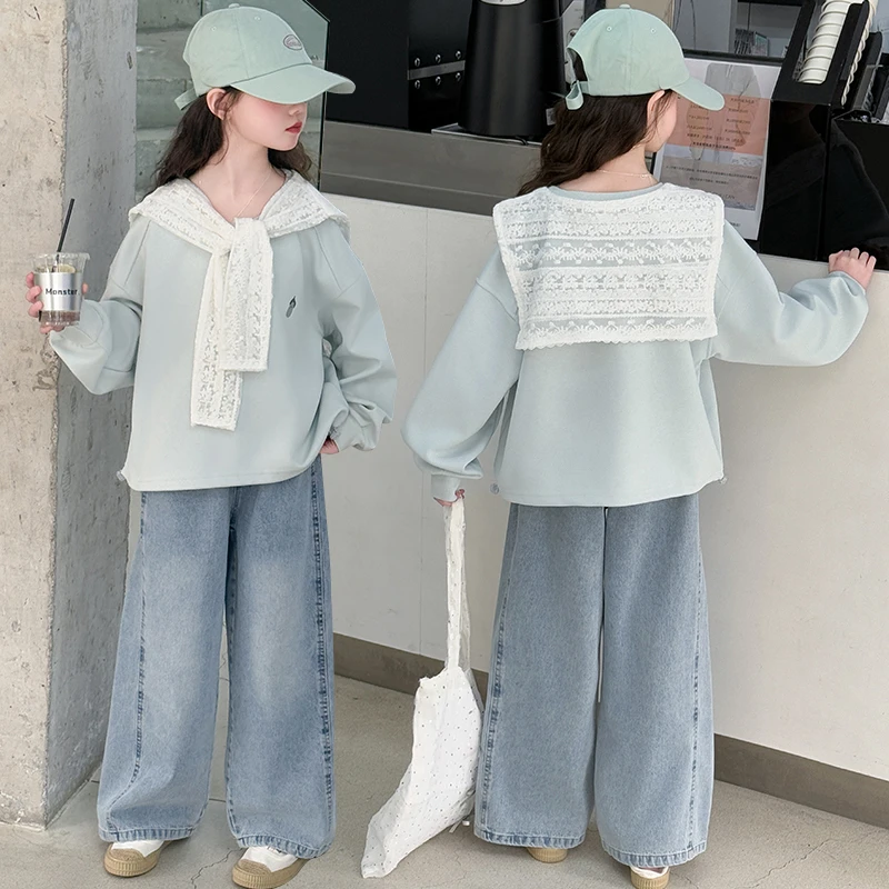 女童春秋装套装2025新款大童搭肩卫衣牛仔阔腿裤子儿童春季两件套
