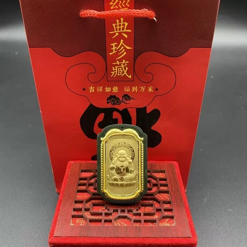 足金镶嵌金镶玉吊坠 和田玉墨玉【笑佛玉坠】项链男女情侣款金色轻