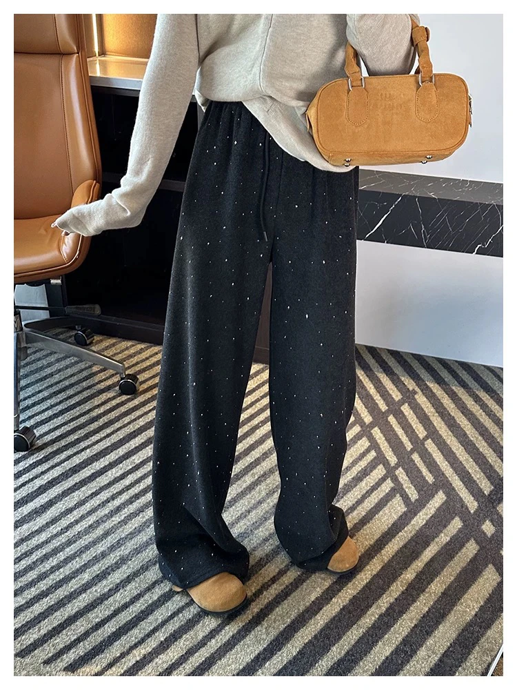 加绒烫钻休闲裤女冬季宽松高腰显瘦拖地直筒长裤亮片