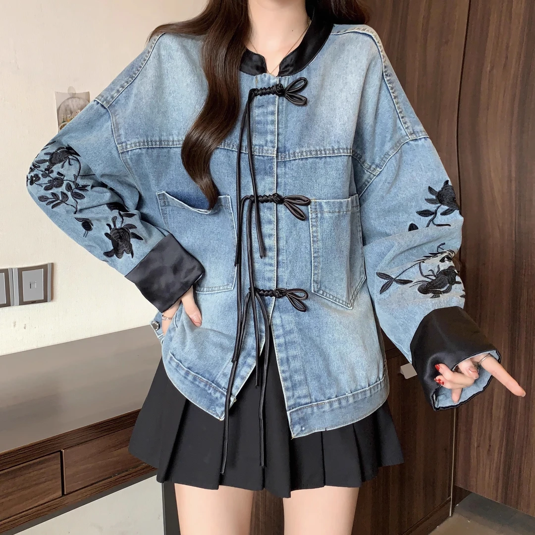 新中式牛仔外套女春秋装2024新款欧货宽松时尚设计感洋气国风上衣