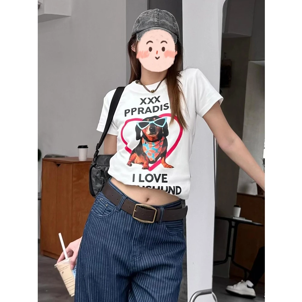 美式复古腊肠狗爱心字母印花正肩短袖T恤女夏季休闲显瘦ins上衣