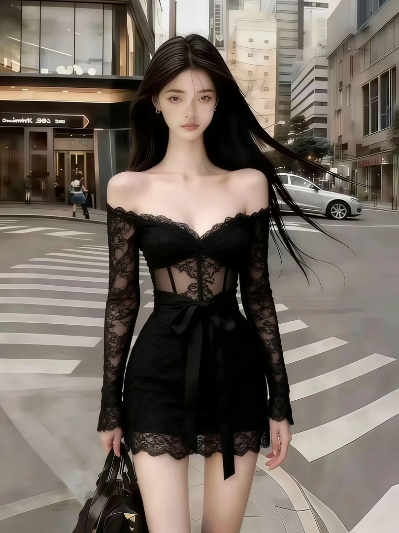 2025冬静奢时尚辣妹风黑色一字肩露肩V领长袖收腰系带包臀连衣裙