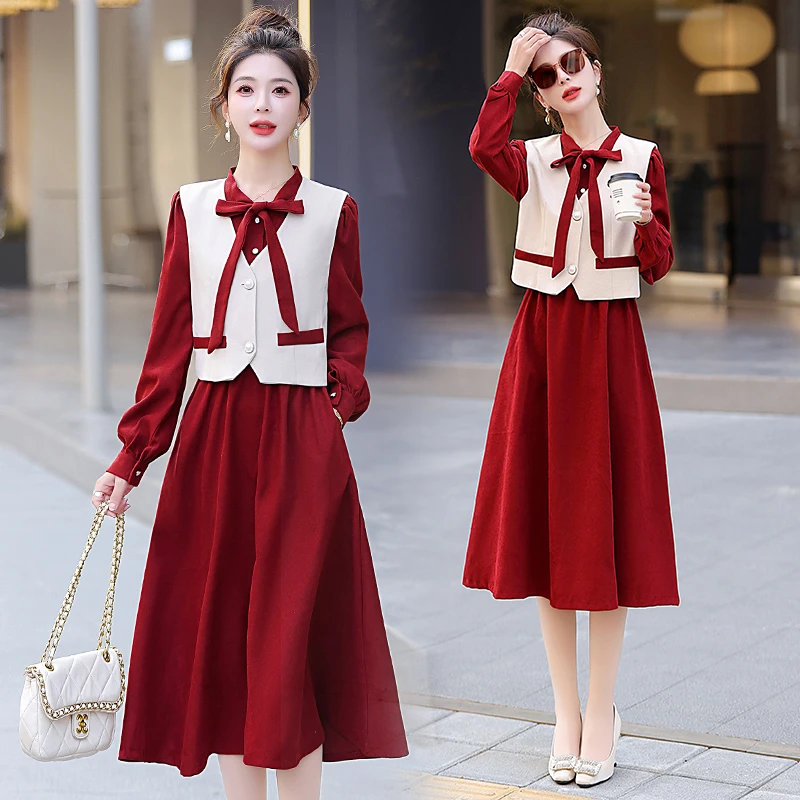 时尚套装小个子连衣裙长袖法式长裙春季显瘦订婚秋季春秋气质