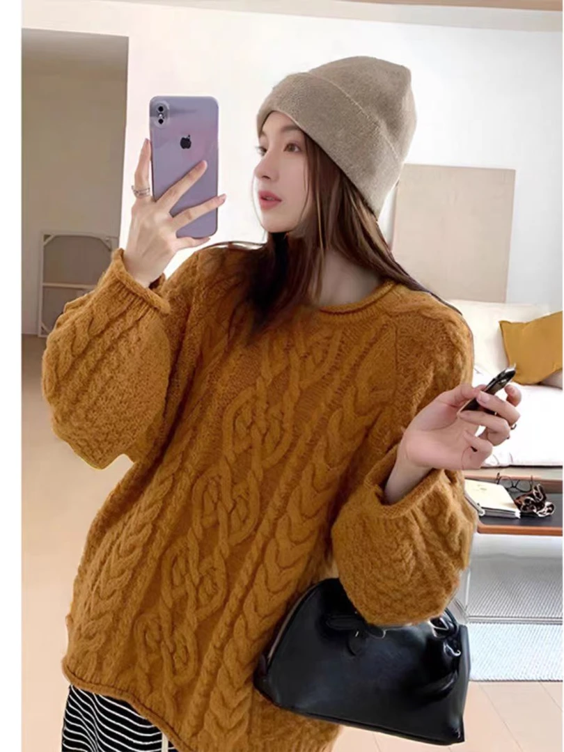 南瓜橘色毛衣女秋冬季复古麻花宽松外穿慵懒风圆领套头针织衫