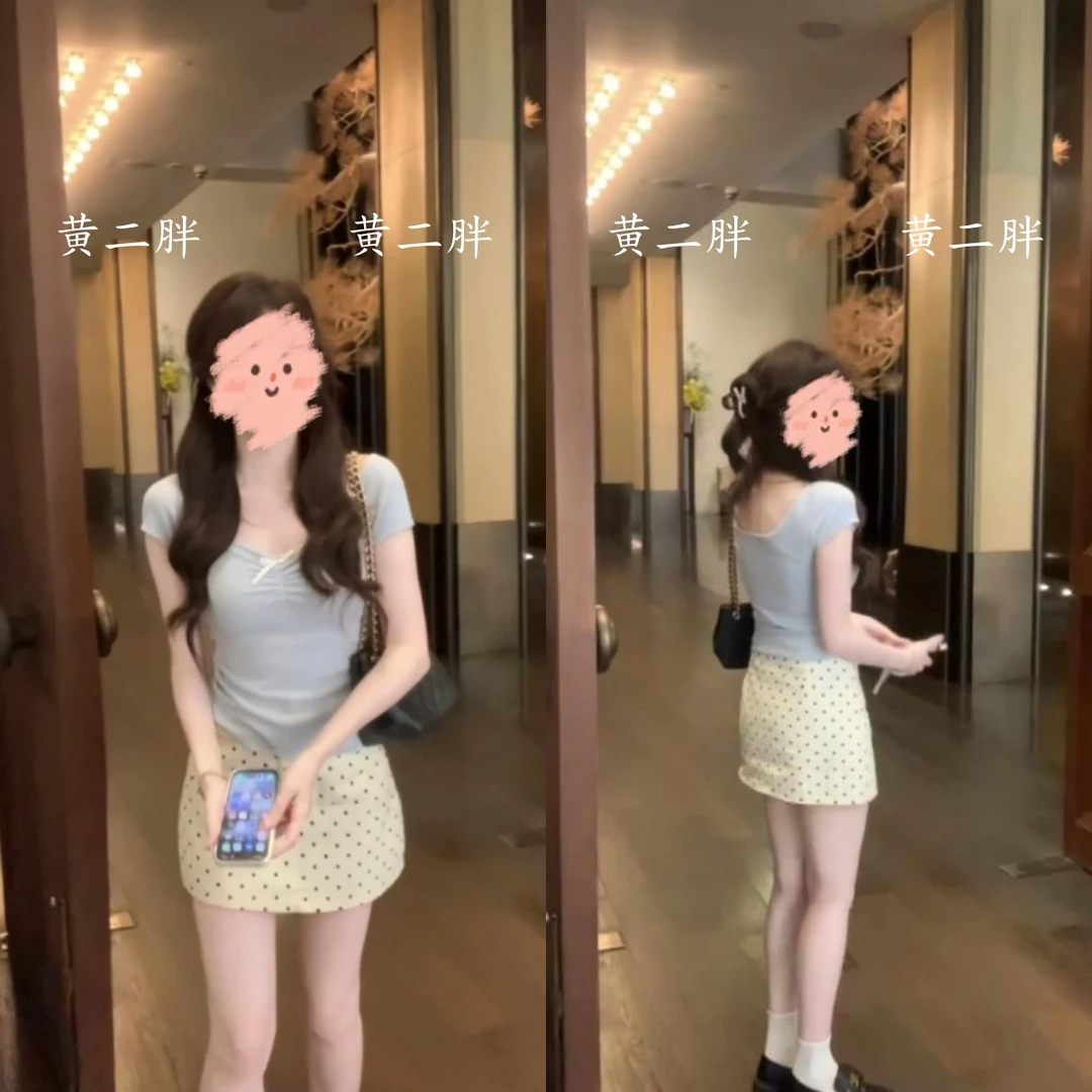 小清新短袖T恤上衣百搭波点a字裙短裙时尚气质套装女2025夏季新款