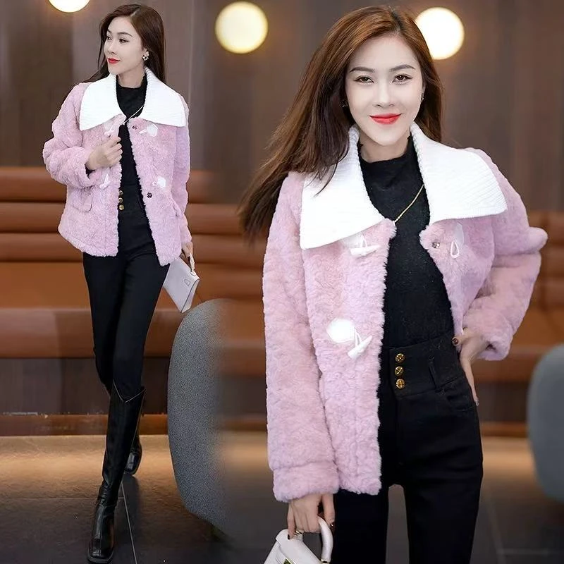 2024冬季新款欧货高级感牛角扣翻领一体绒毛毛外套#801【衣长64】