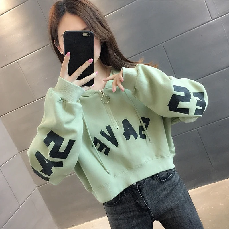长袖女连帽韩版短款四季通用卫衣女装上衣洋气显瘦