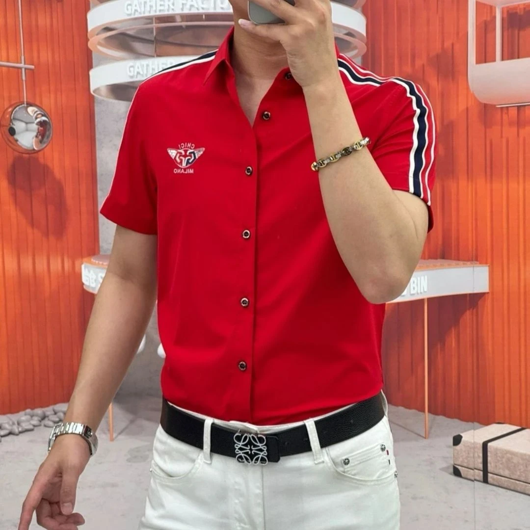 夏季2-300斤大码港风男士雅痞简约刺绣衬衫短袖高级潮流轻奢衬衣