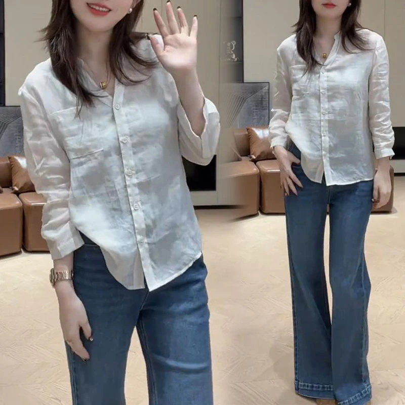 宽松气质显瘦长袖衬衫女士2025春秋季新款百搭牛仔裤减龄时尚套装