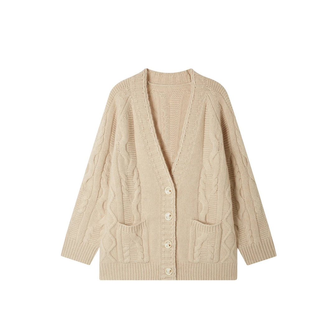 秋冬绞花V领针织复古宽松山羊绒开衫外套BM00018