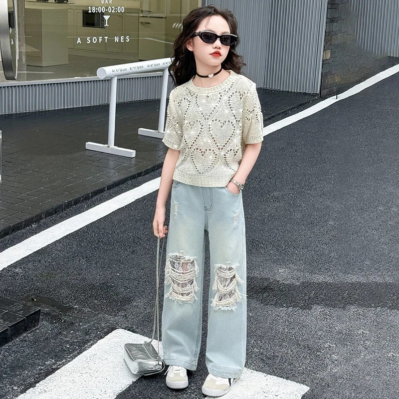 女童夏装套装2025新款女大童短袖毛衣镂空T恤儿童夏季薄款牛仔裤