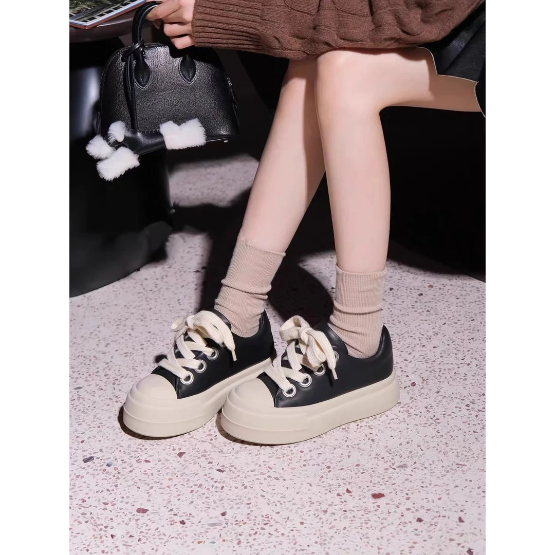 C5157  黑色  时尚厚底圆头系带女休闲板鞋 运动鞋