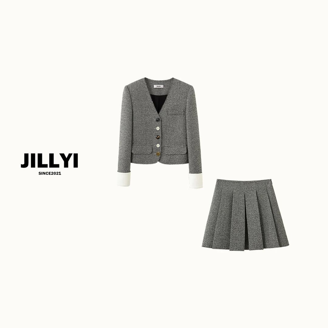 JILLYI南山店【月夜树影】灰色V领彩色扣西装外套+灰色百褶裙气质套
