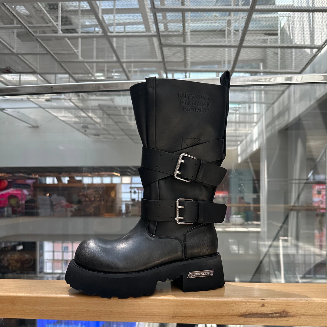 【巴黎战损毒液靴】厚底绑带中筒靴美式复古高街大头暗黑风机车靴女