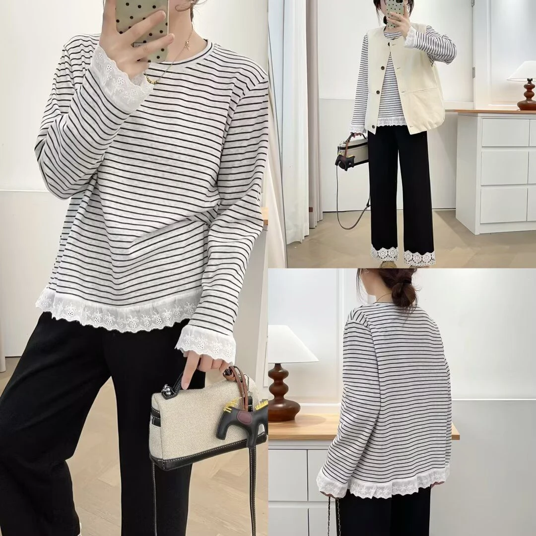 2025秋季新款大码女装圆领条纹拼接蕾丝花边长袖T恤显瘦正肩上衣