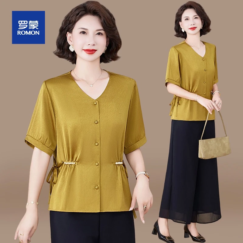 中年妈妈夏装套装洋气高贵冰丝上衣2025新款中老年夏季短袖小衫女
