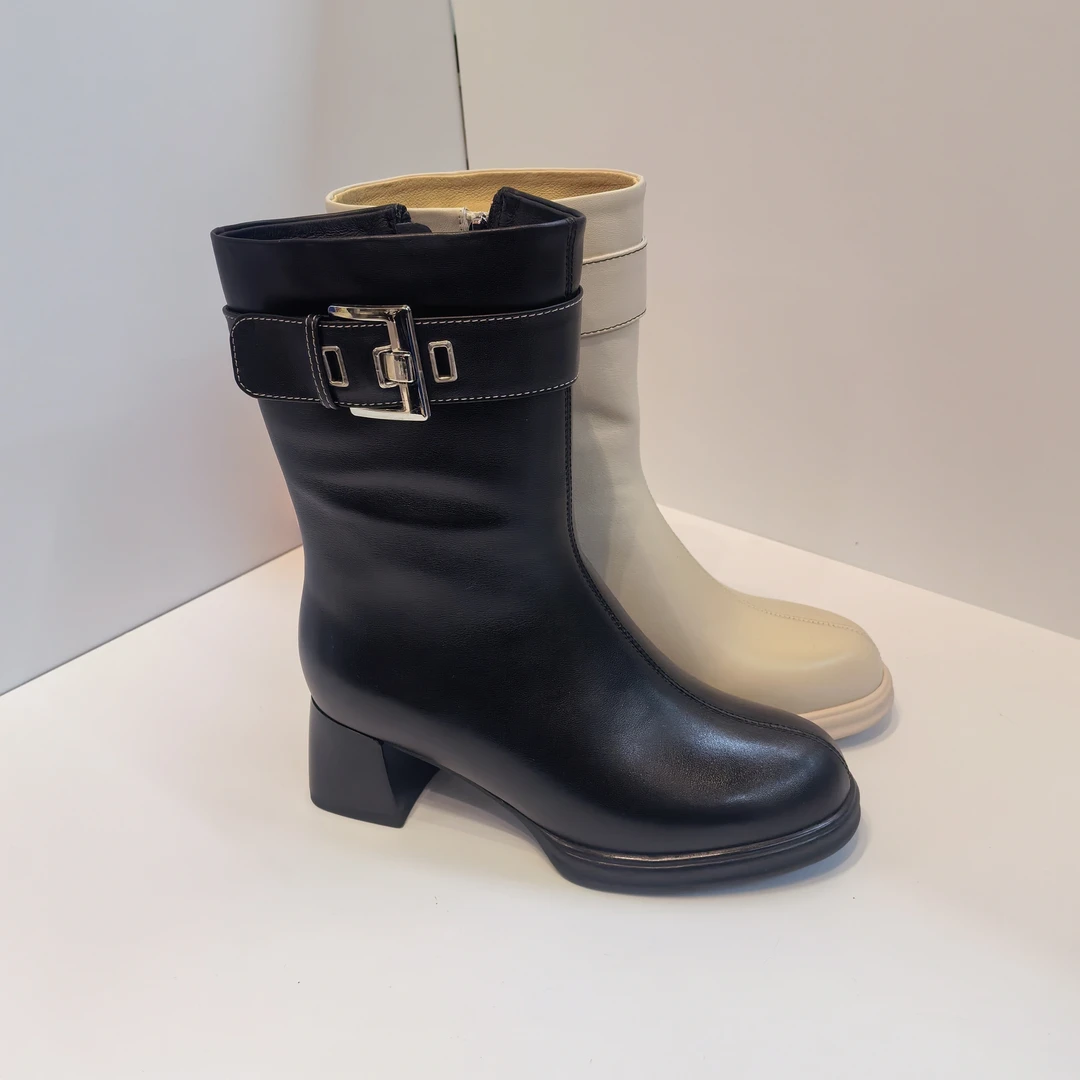 牛皮粗跟大棉圆头冬季中跟中筒瘦瘦靴