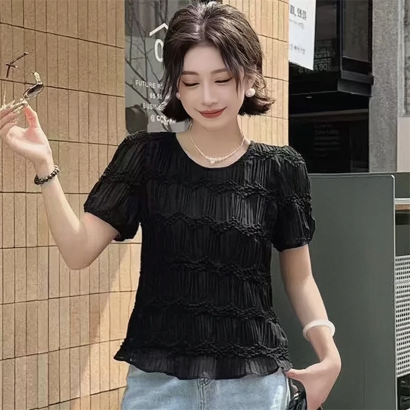 设计感法式泡泡压褶花边圆领短袖T恤女2025夏季新款洋气减龄上衣