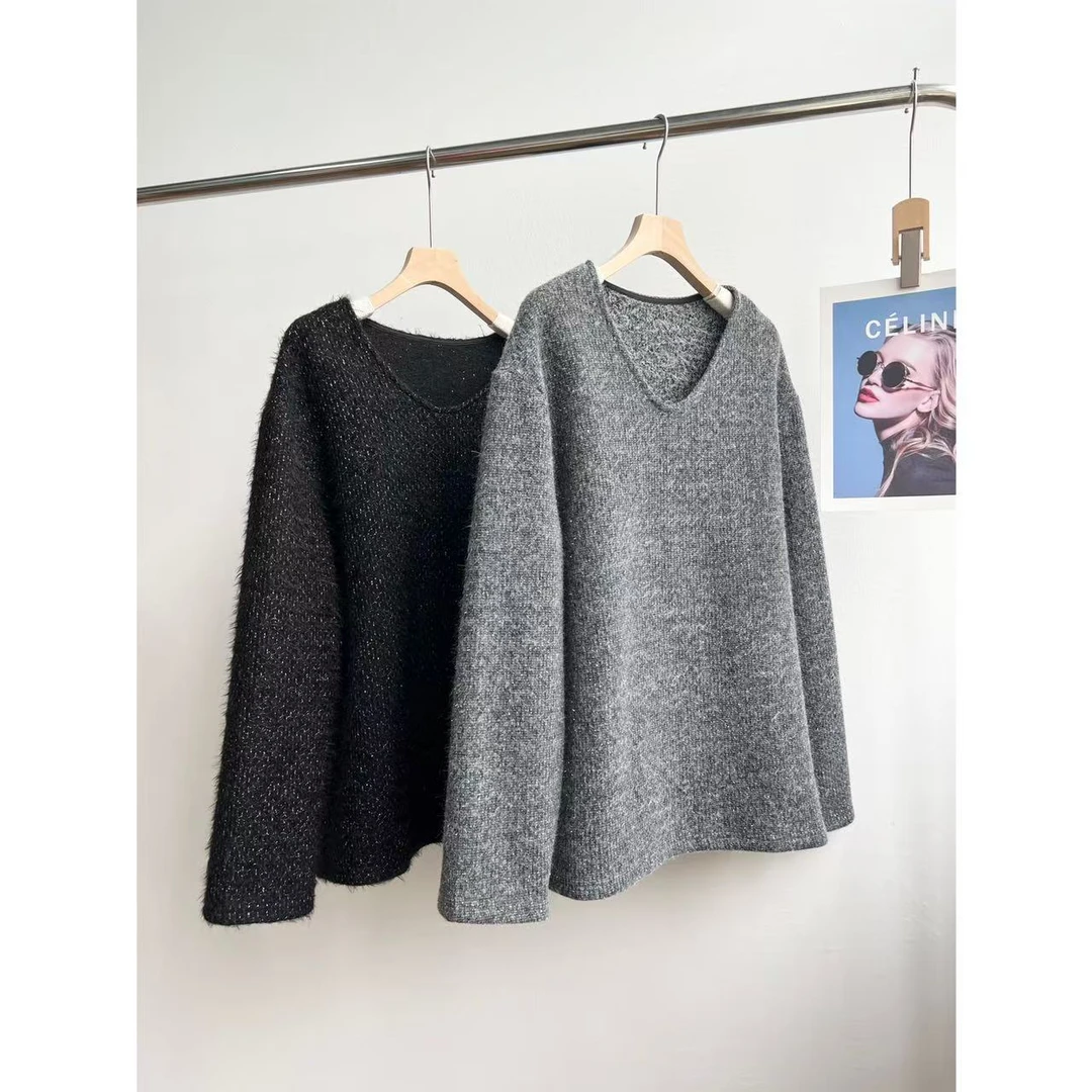 小静折扣~HZ975  重工亮丝细闪V领套头针织衫（衣长71（90-150斤）