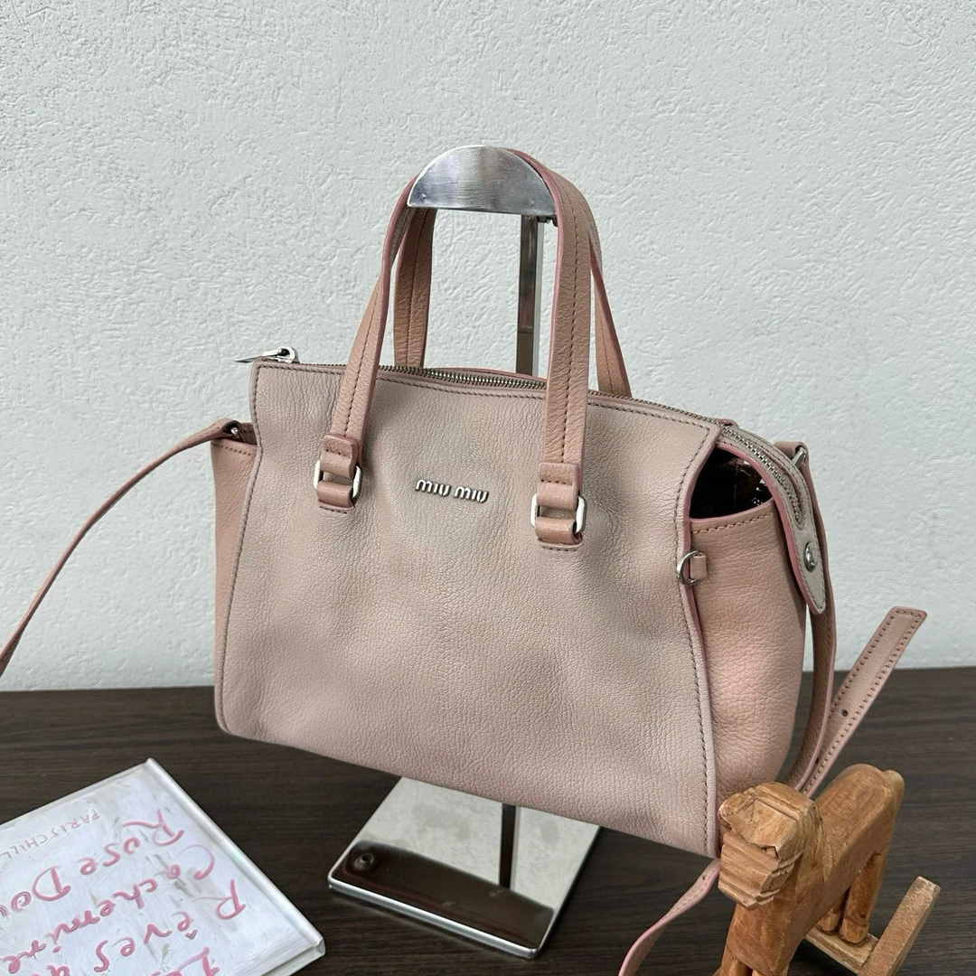 95新 MIU MIU/缪缪 粉色拼色荔枝纹托特单肩斜挎包