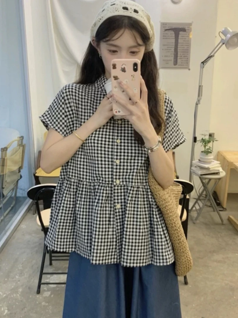 设计感娃娃领格子衬衫搭配牛仔裤套装-9860