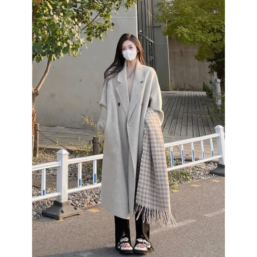 灰色双面毛呢大衣女2025秋冬新款韩版宽松中长款呢子加厚外套