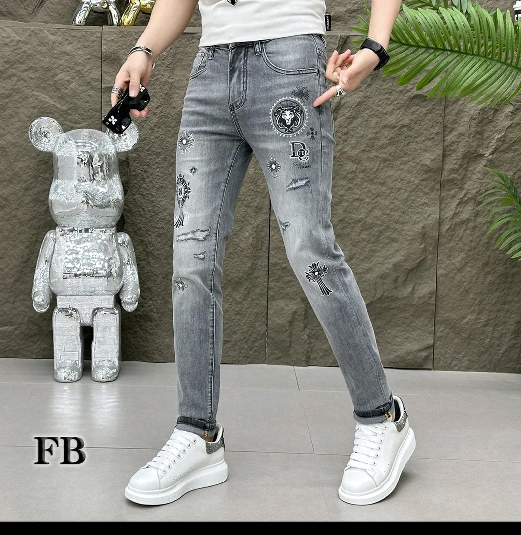 男士春夏新款时尚潮流高品质烫钻修身长裤韩版显瘦百搭小脚牛仔裤