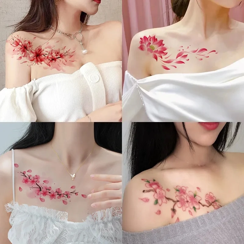 纹身贴女防水持久桃花彼岸花国风彩绘贴锁骨胸口腹部遮瑕仿真贴纸