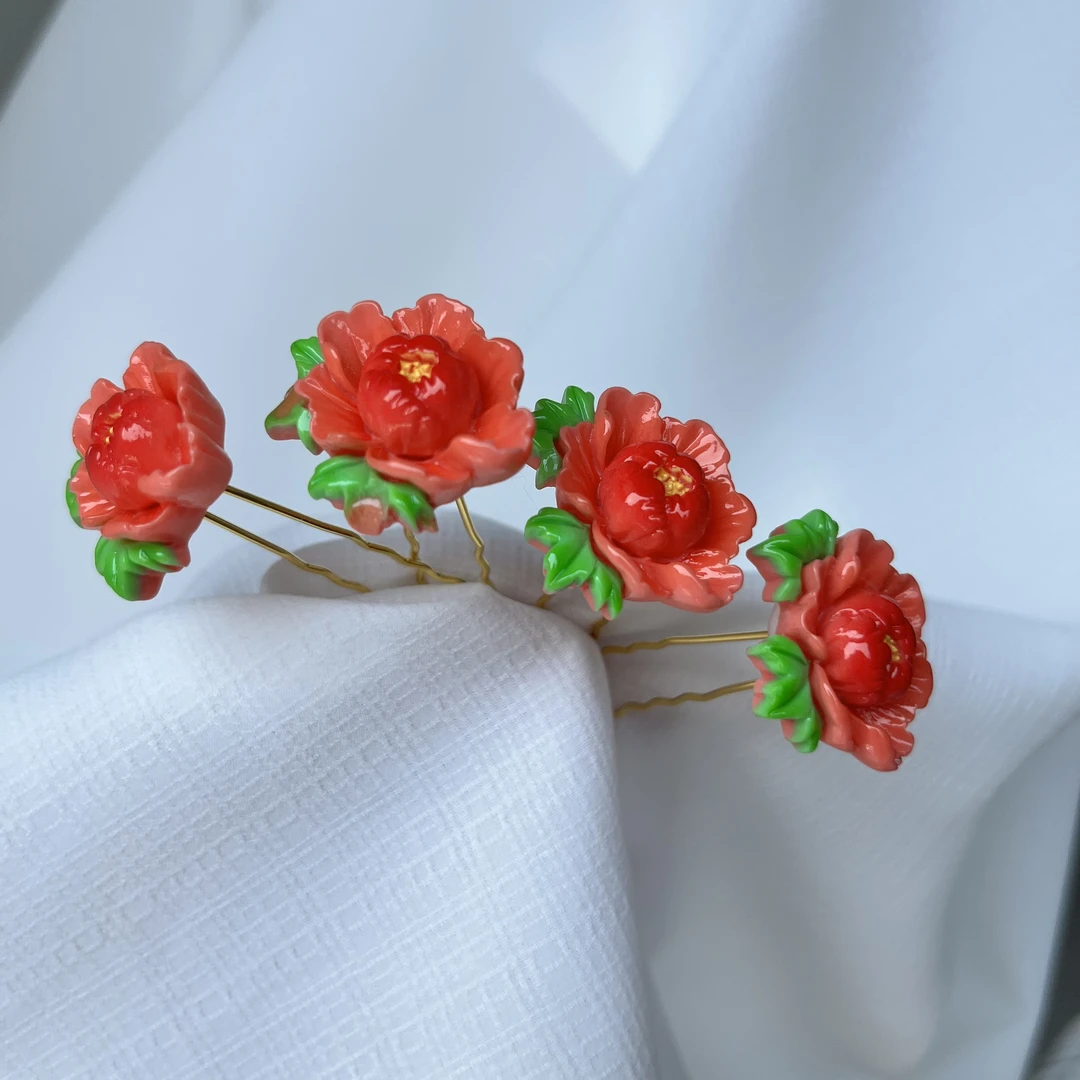 汉服牡丹小U钗玫瑰花头饰富贵点缀发簪花朵百搭日常发饰古风发叉