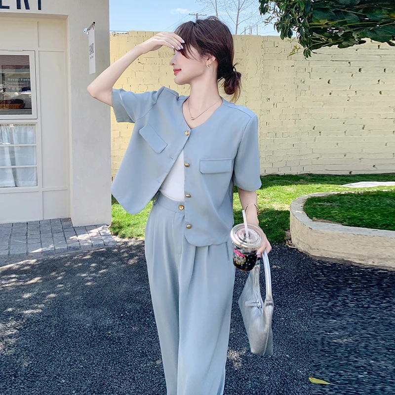 小香风蓝色西装休闲裤套装女夏2025新款ootd穿搭爆款高级感两件套