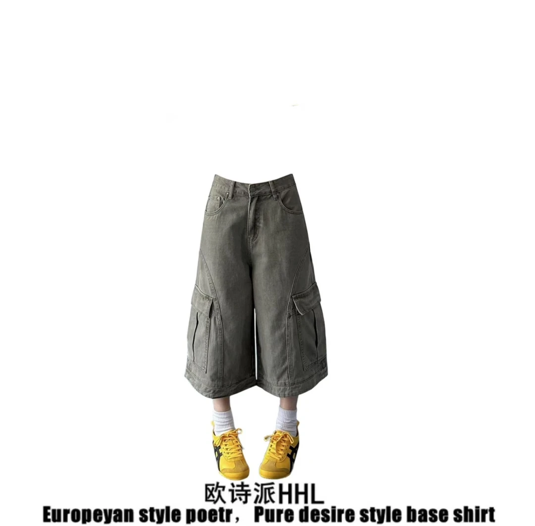 美式bf解构短裤女外穿夏绿色夏季多口袋设计感街头宽松牛仔七分裤