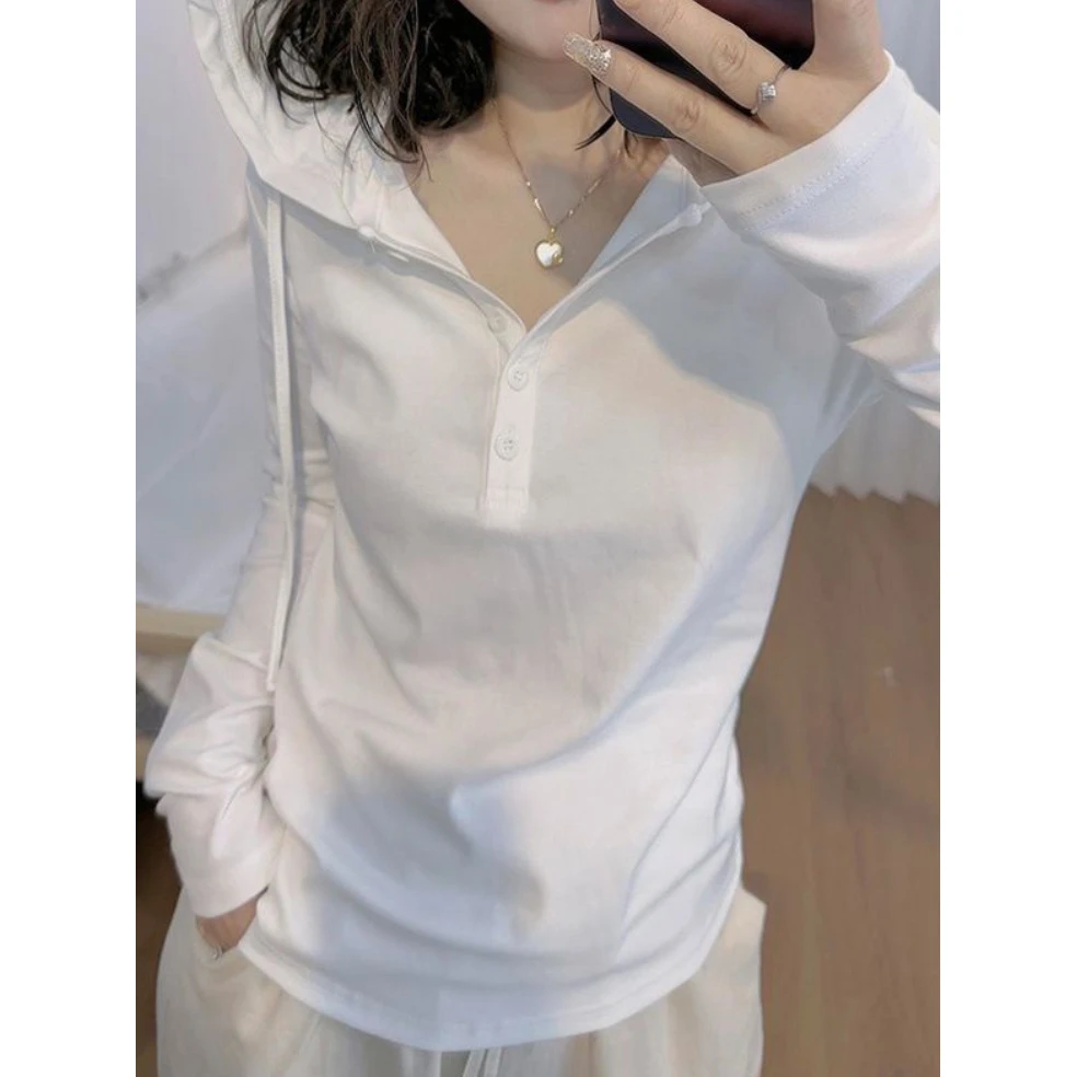 文艺范简约打底连帽长袖T恤显瘦休闲宽松2025修身运动ins韩版