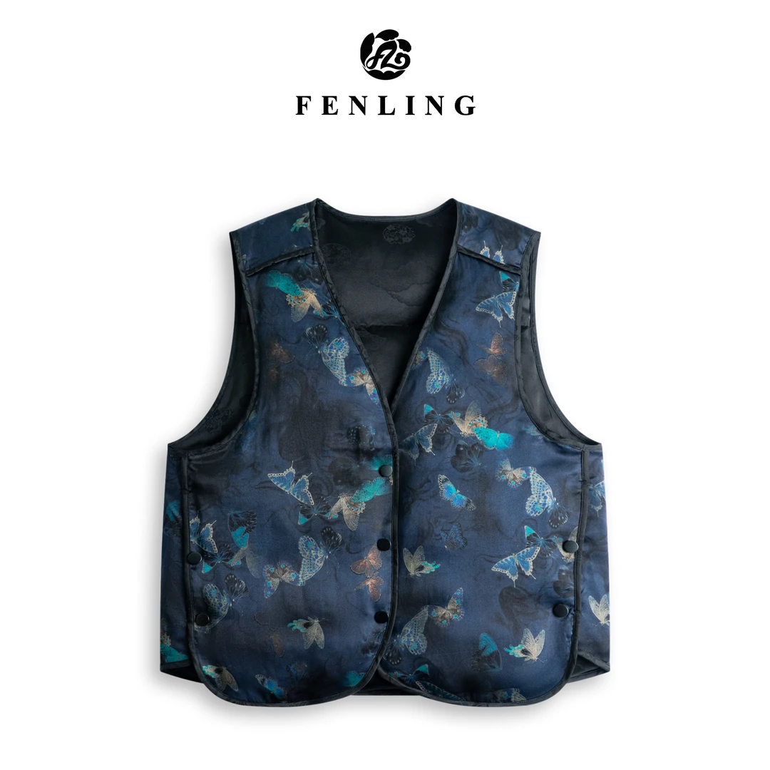 芬领-蓝蝶-非遗桑蚕丝香云纱30姆米前喷老料鹅绒马甲BX1483-1485