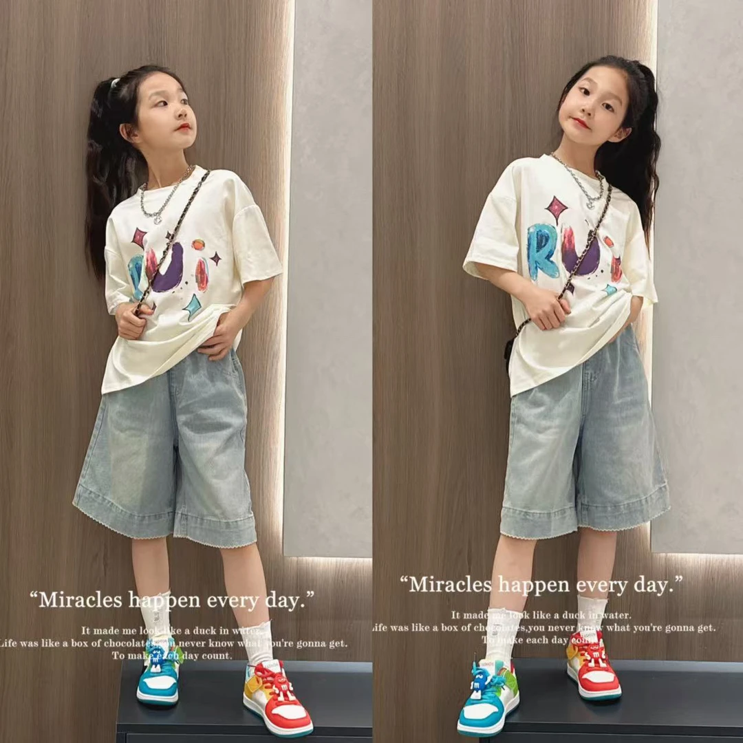 2025年新款女童短袖t恤夏季圆领白色上衣服儿童宽松女生打底衫半