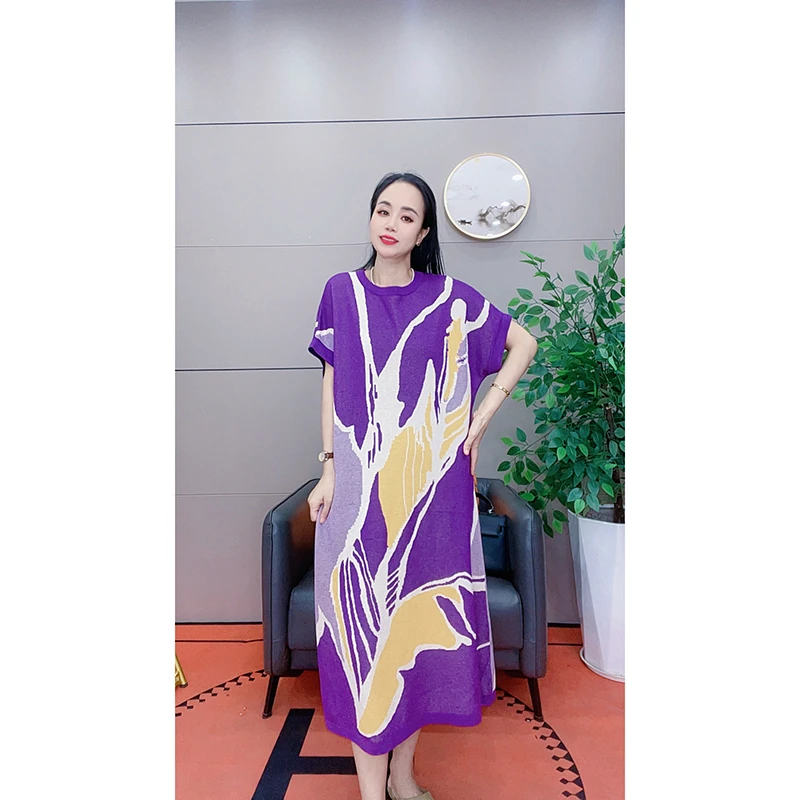 4077 紫色时尚撞色设计师款大码女装连衣裙